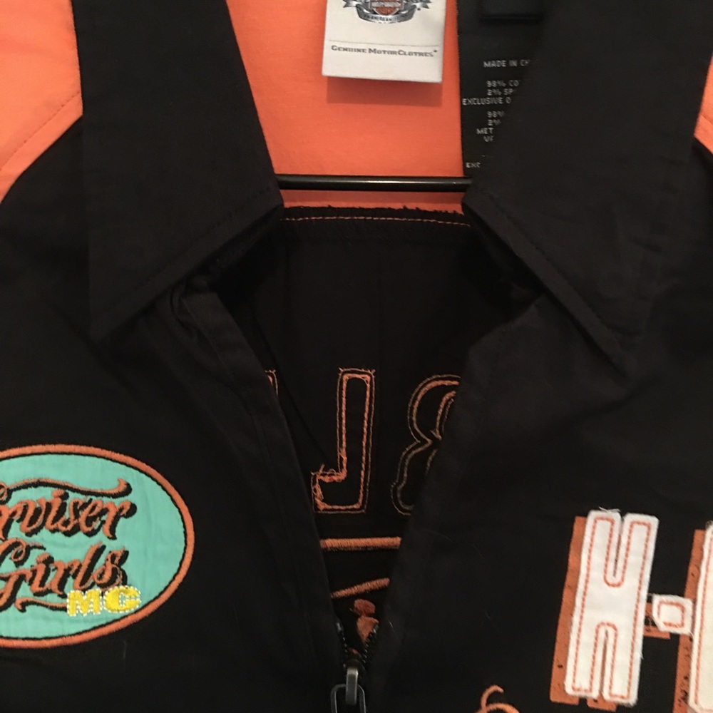 Harley Davidson A Womens 1W Zip Garage Shirt Top Black Coral Turquoise Biker - Picture 2 of 10